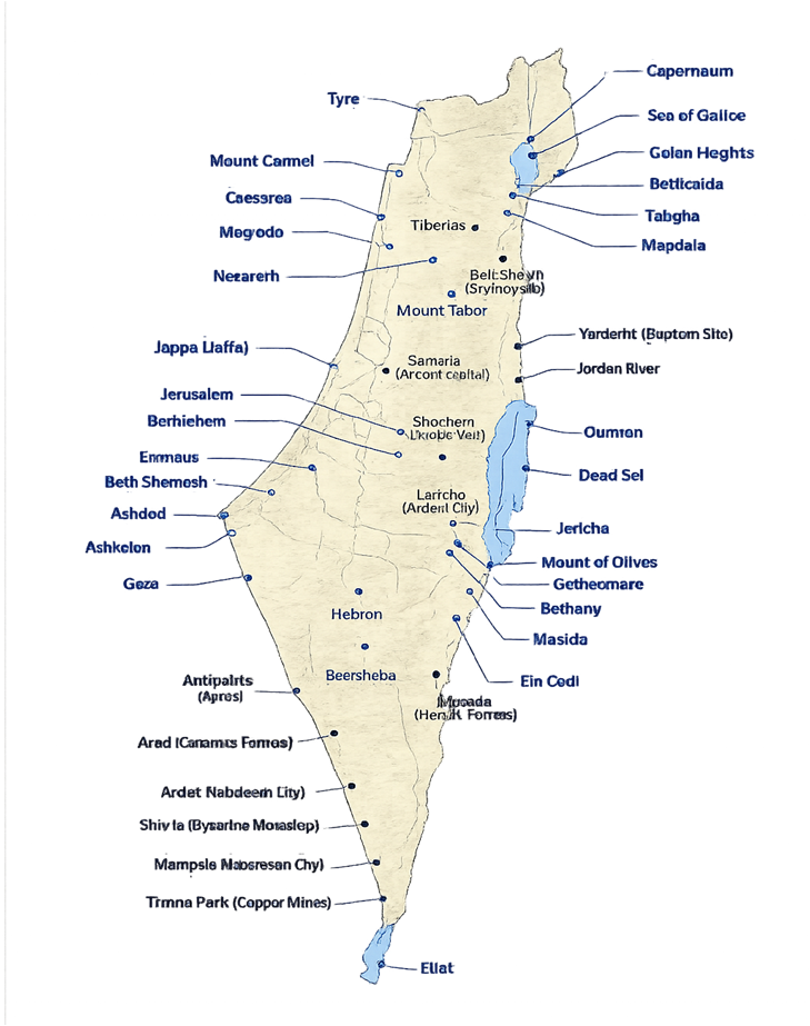 Map of Israel showing major biblical and historical sites